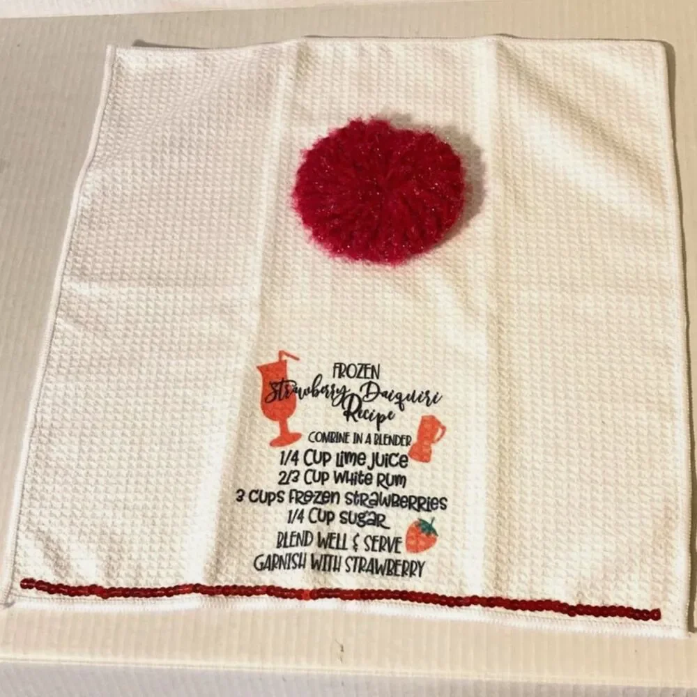 STRAWBERRY DAIQUIRI Bar Keeper Towel and Countertop Dish Glass Scrubby Gift Set